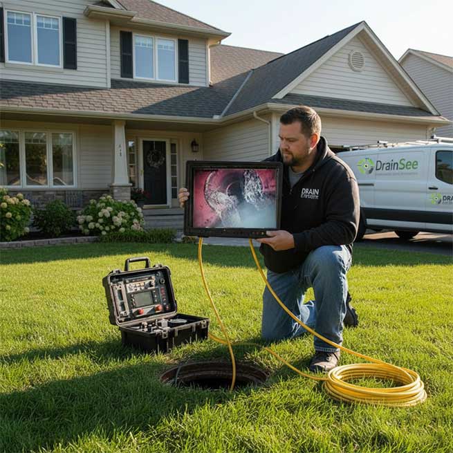 Technician inserting a camera into an outdoor yard drain line